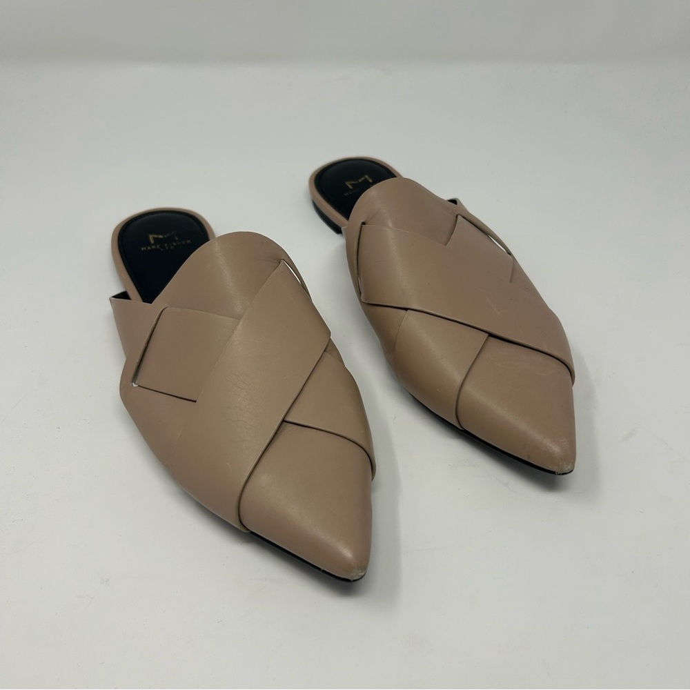 Marc Fisher Taupe Leather Woven Pointed-Toe Mules